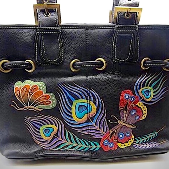ANUSCHKA SHOULDER HANDBAG PEACOCK FEATHER & BUTTERFLY - Picture 7 of 8